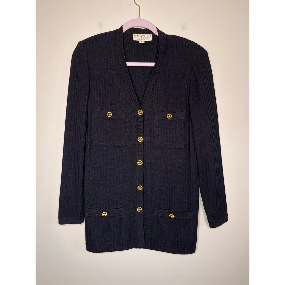 St. John Marie Gray Black Minimalist Old Money Capsule Santana Knit Cardigan M 8